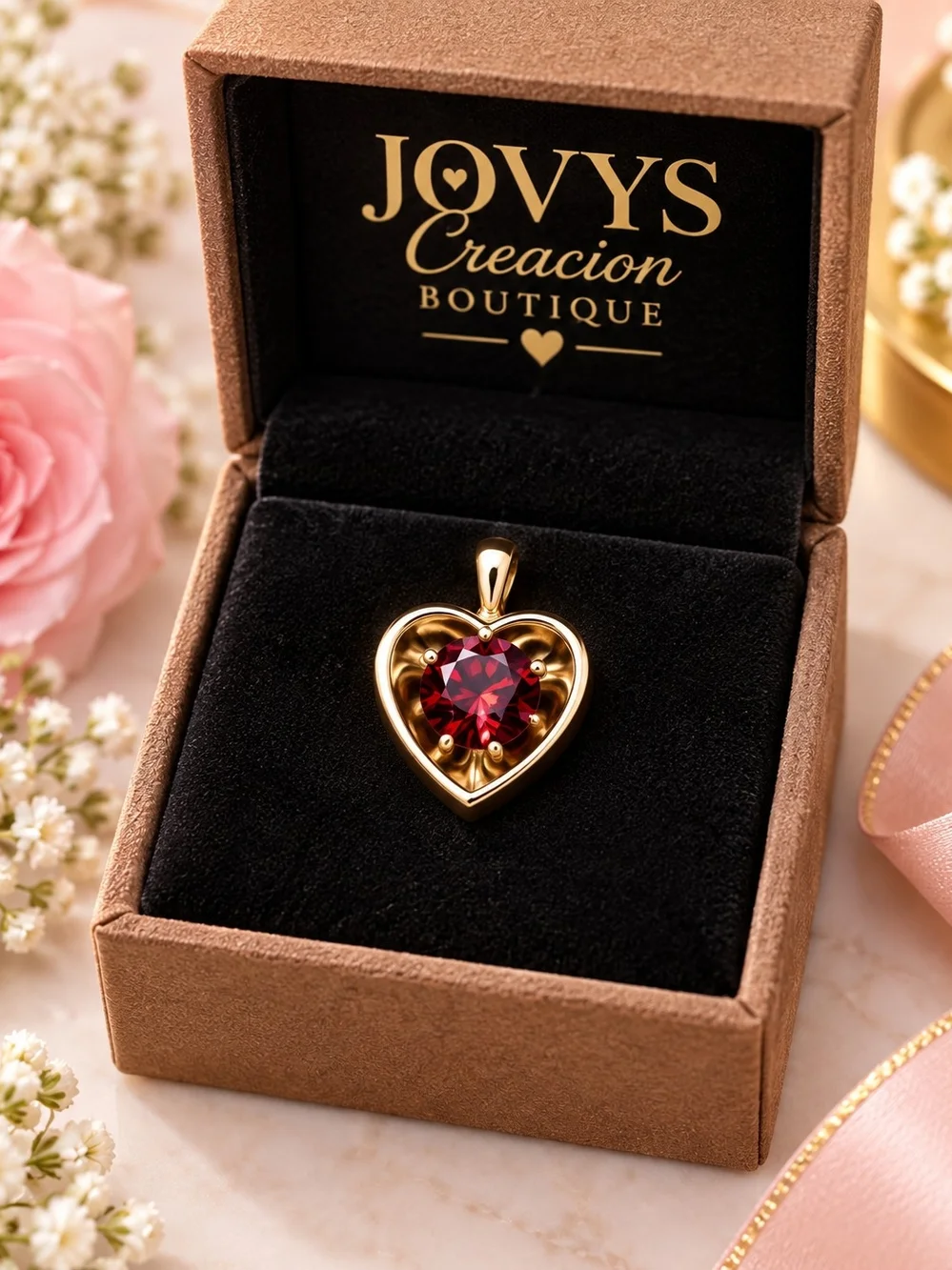 14k. Laminated Gold Heart Pendant Necklace with Red Gemstone